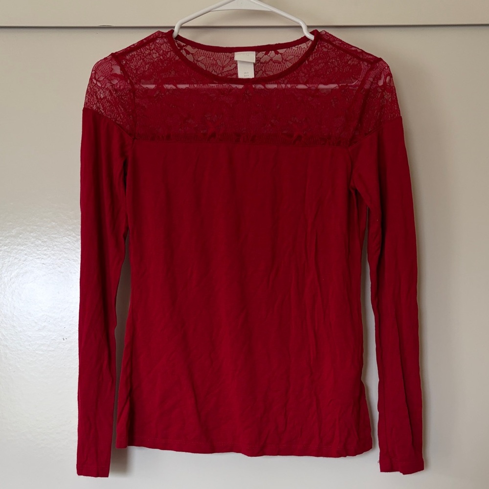 H&M Red Lace Yoke Long Sleeve Tee